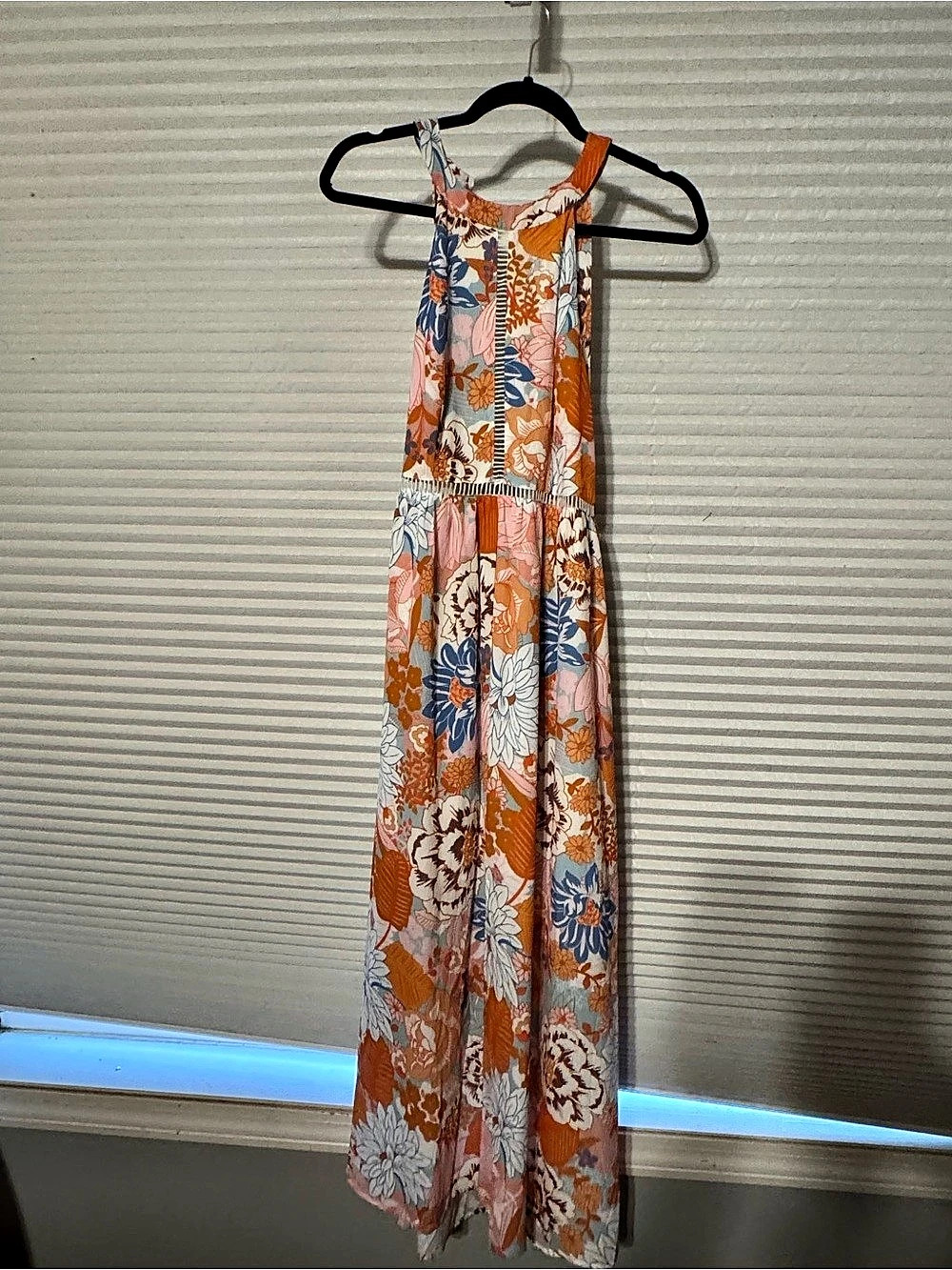 Zesica Floral Halter Neck Tie Back Maxi Dress Orange & Blue Small NWT